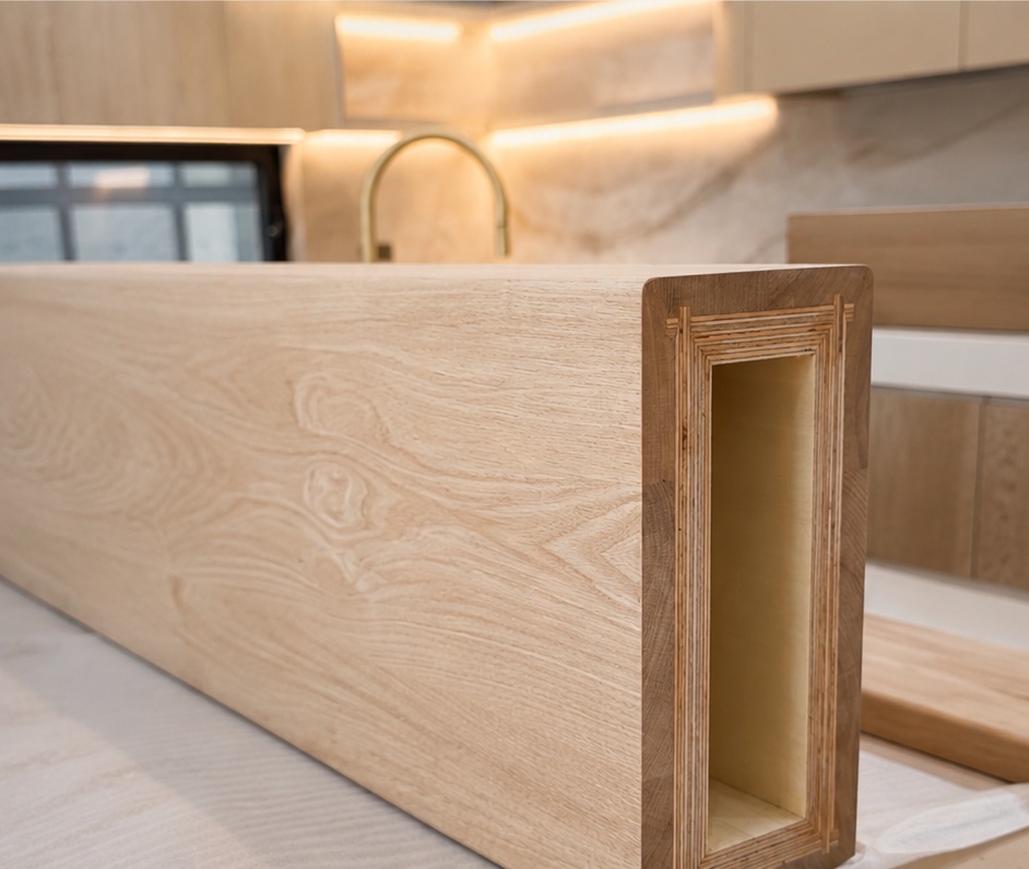 Alpine Oak boxed stair tread — full length detail
