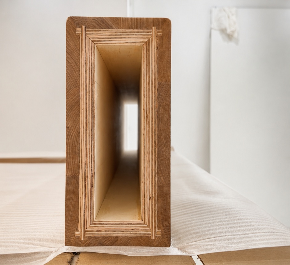 Alpine Oak boxed stair tread — hollow box-section end detail